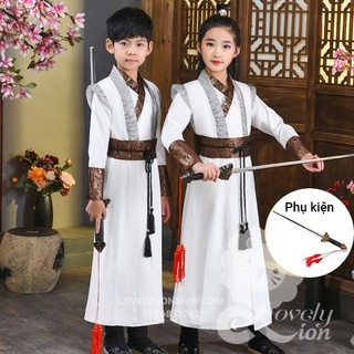 (có sẵn)Hán phục nam nữ màu trắng cho bé + tặng phụ kiện như hình