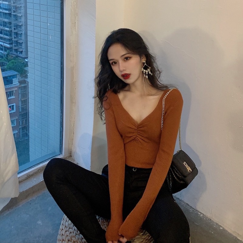 Áo Sweater Dệt Kim Tay Dài Cổ Chữ V Ôm Dáng Màu Sắc Đơn Giản 8 Màu Lựa Chọn Phong Cách Hàn Quốc Dành Cho Nữ