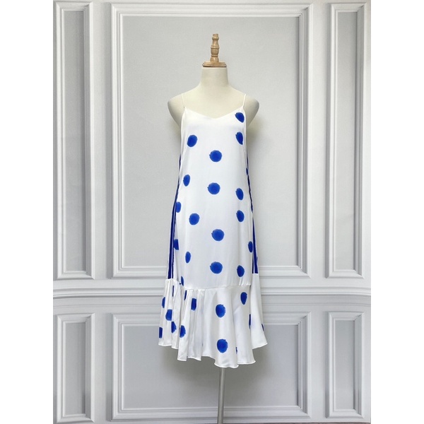 Váy hai dây chấm bi XITA hàng hiệu chính hãng thời trang nữ V507 màu xanh trắng size XS secondhand thanh lý ký gửi