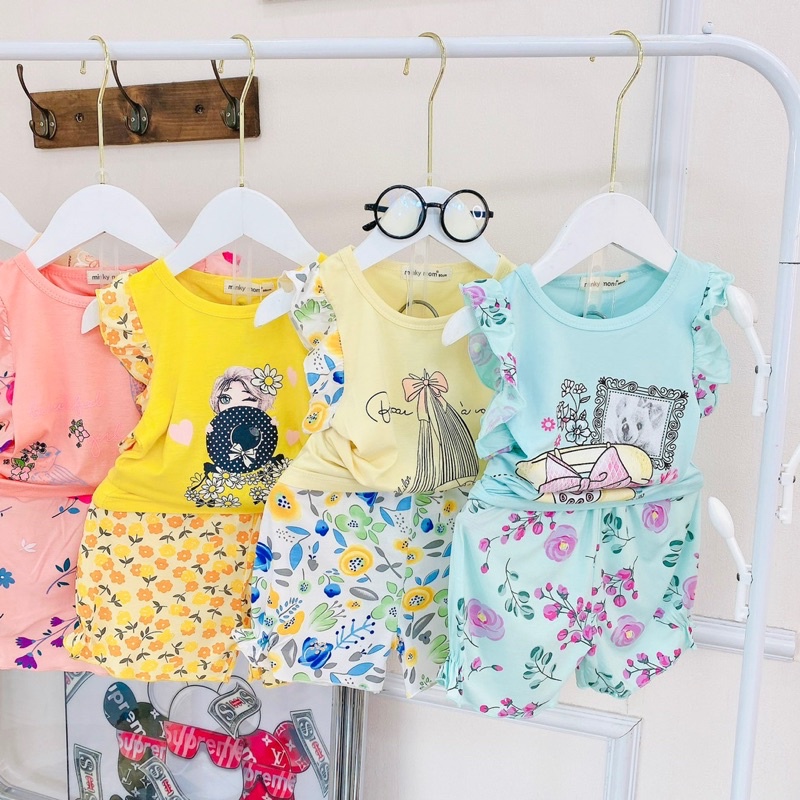NT080 Bộ cộc thun lạnh Minky Mom tay cánh tiên quần bèo cho bé gái hoạ tiết hoa nhí