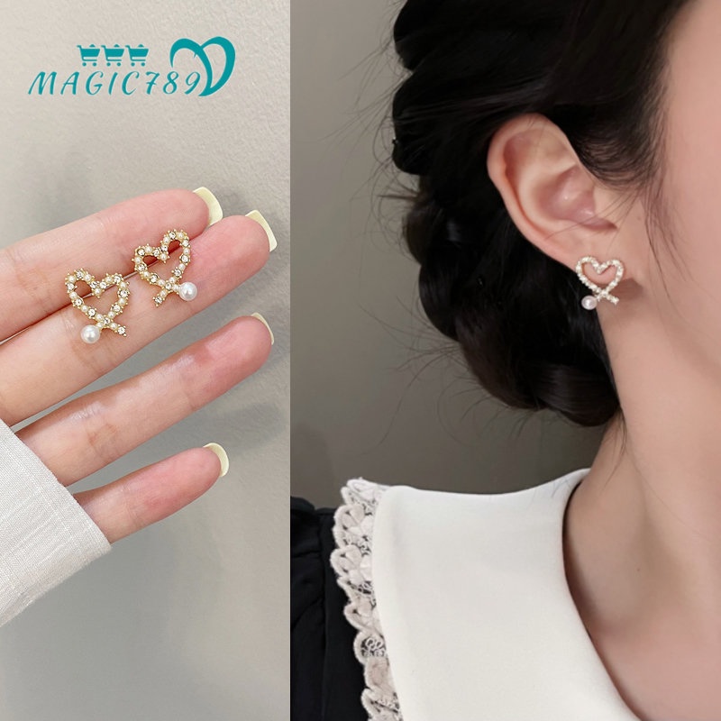Bông Tai Mạ Vàng / Bạc Hình Thánh Giá / Trái Tim Đính Đá Zircon Lấp Lánh Thời Trang Phong Cách Hàn Quốc Cho Nữ Magic789