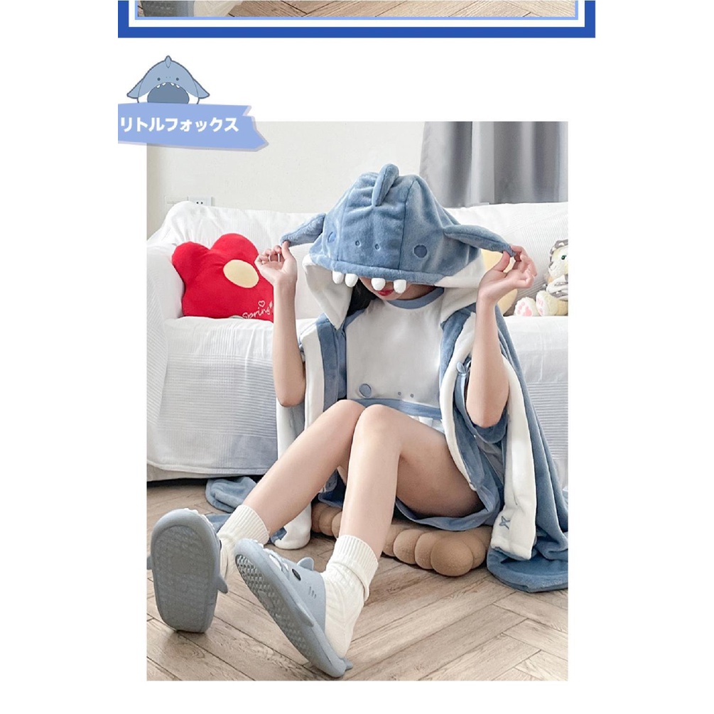 Áo Choàng Ngủ Tay Dài Có Nón Bằng Lông Cừu San Hô Kiểu Hoạt Hình Cá Mập