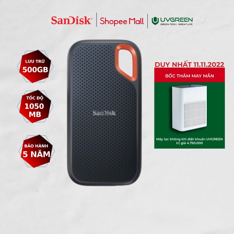 Ổ cứng SSD di động SanDisk 500GB E61 Extreme V2/USB 3.2 Gen 2 cổng USB Type-C upto 1050MB/s
