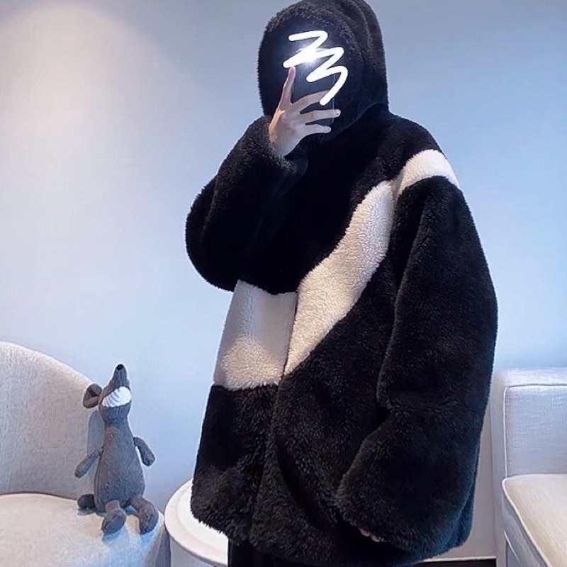 Áo Khoác Lông Trắng Có Mũ Họa Tiết - Áo Khoác Ngoài Form Rộng 2 Màu Unisex Hot HOT NEW