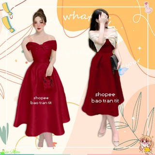 Đầm midi trễ vai phối nơ xoắn màu đỏ
