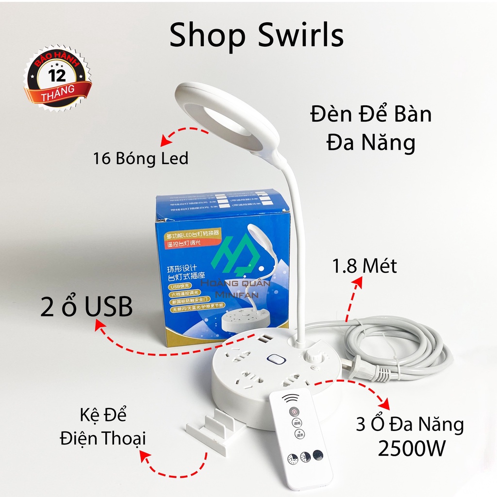 Đèn LED Để Bàn Đa Năng Kiêm Đèn Ngủ Sạc USB 5V Và 3 Ổ Điện Chịu Tải 2500W Có Điều Khiển Từ Xa Dây Nối Dài 1.8M