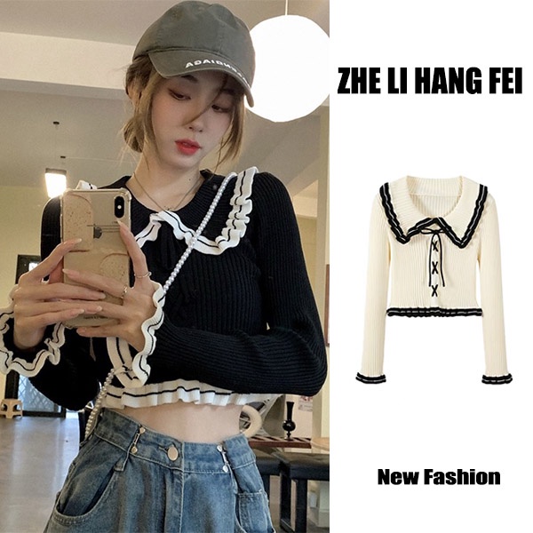 Áo dệt kim ZHELIHANGFEI tay dài cổ búp bê hở eo quyến rũ trẻ trung cho nữ