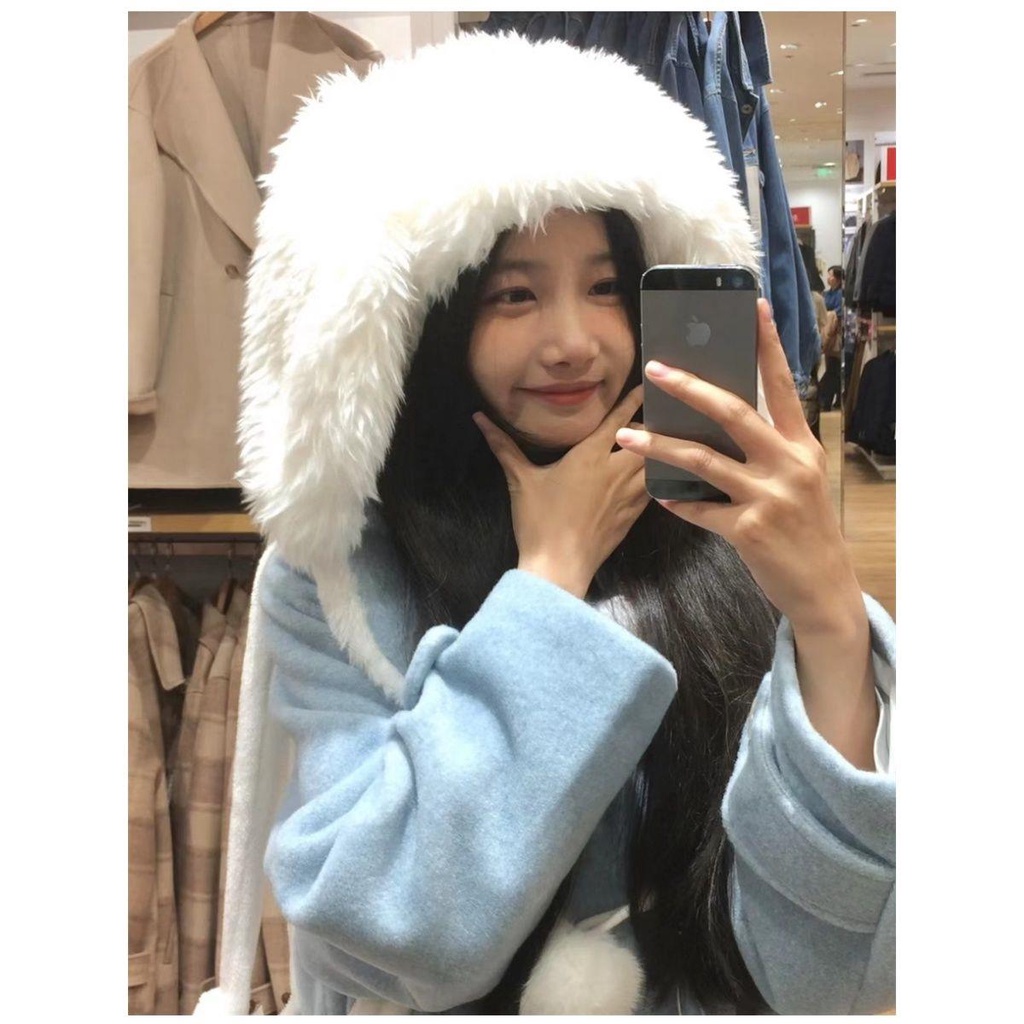 Mũ Trùm Đầu  Mũ Nhung Lông Dễ Thương Vui Nhộn Đường Phố Màu Hồng Đỏ Giữ Ấm Mùa Thu Đông Le