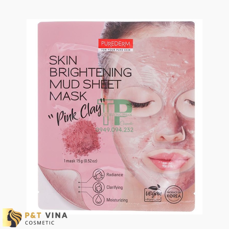 Mặt Nạ Giấy Đất Sét Hồng Dưỡng Trắng Da Purederm 15g