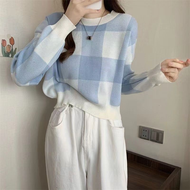COZOK Áo Sweater Tay Dài Dáng Ngắn Kẻ Sọc Kiểu Hàn Quốc Thời Trang