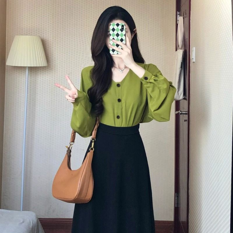 Chân váy nữ Set Áo Sơ Mi Dài Tay Kèm Chân Váy Lưng Cao Phong Cách Pháp Thời Trang Mùa Thu Mới Cho Nữ