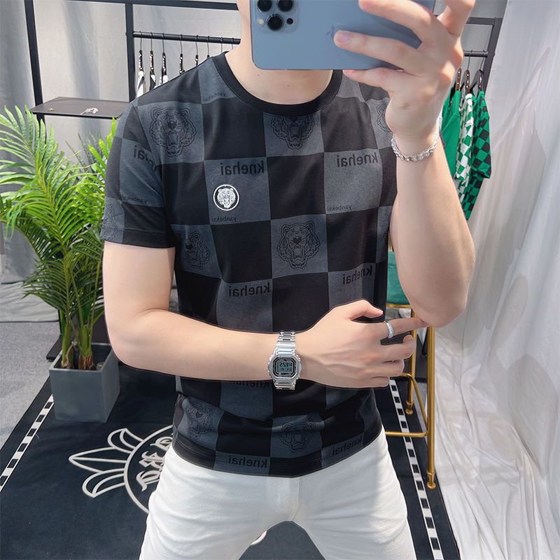 Áo nam Ngắn Tay Cổ Tròn Sọc Caro Thời Trang Hàn Quốc Mới