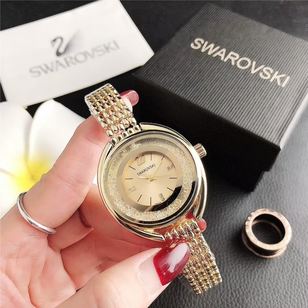 Đồng Hồ Đeo Tay Swarovski Mặt Tròn Đính Đá Thời Trang Cho Cặp Đôi