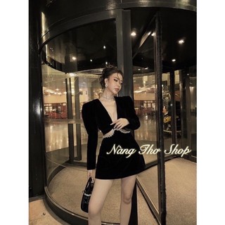 Đầm nhung viền đá khoét eo siêu sang chảnh