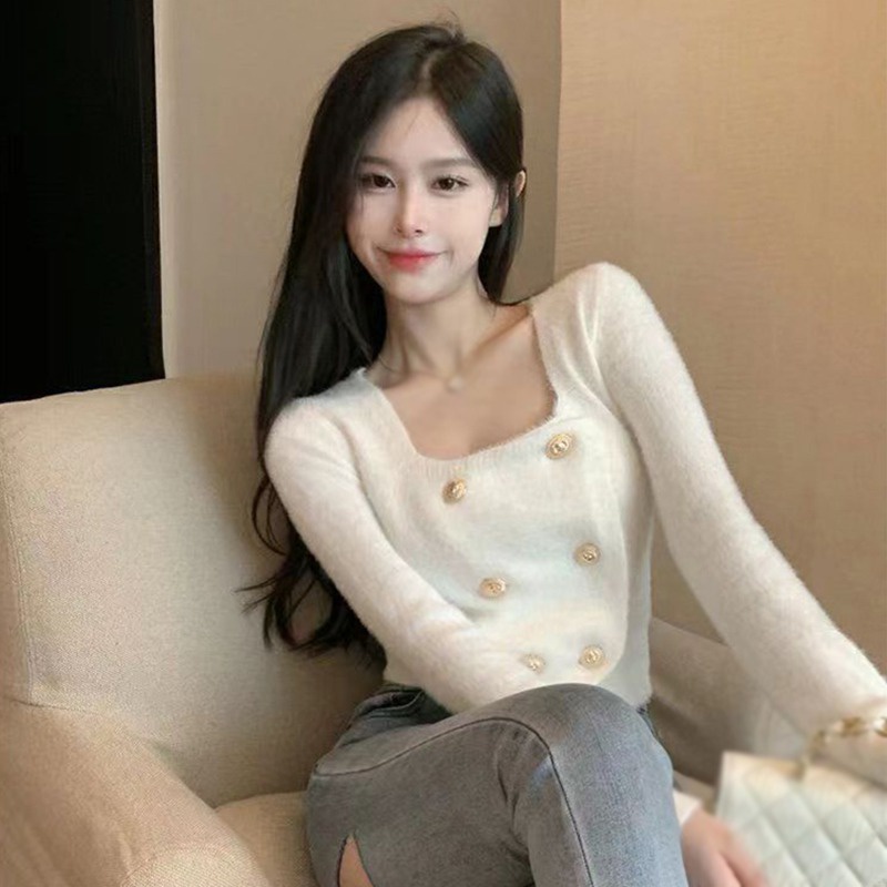 Áo Cardigan Len Cổ Vuông Màu Sắc Đơn Giản Phong Cách Hàn Quốc Dành Cho Nữ