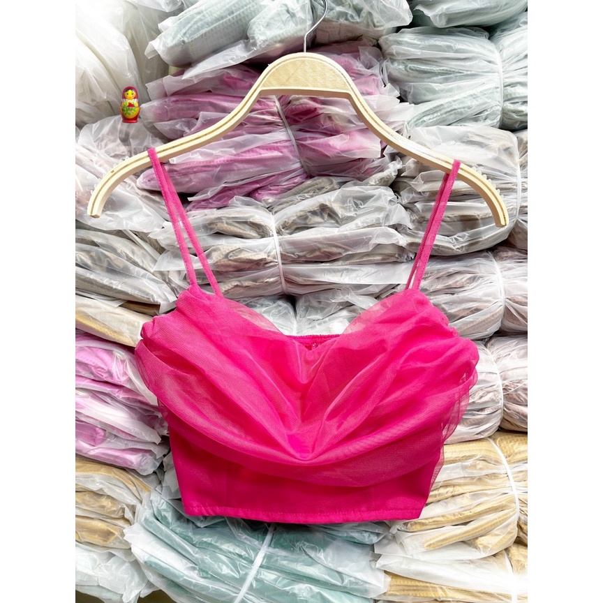 Áo 2 dây lưới cổ đổ phối kate nhún lưng kiểu dáng croptop cực hot