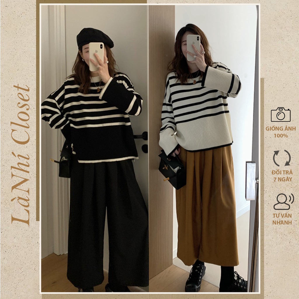 Áo len nữ phom rộng sweater cổ tròn dài tay chất len dày dặn cao cấp lanhi closet