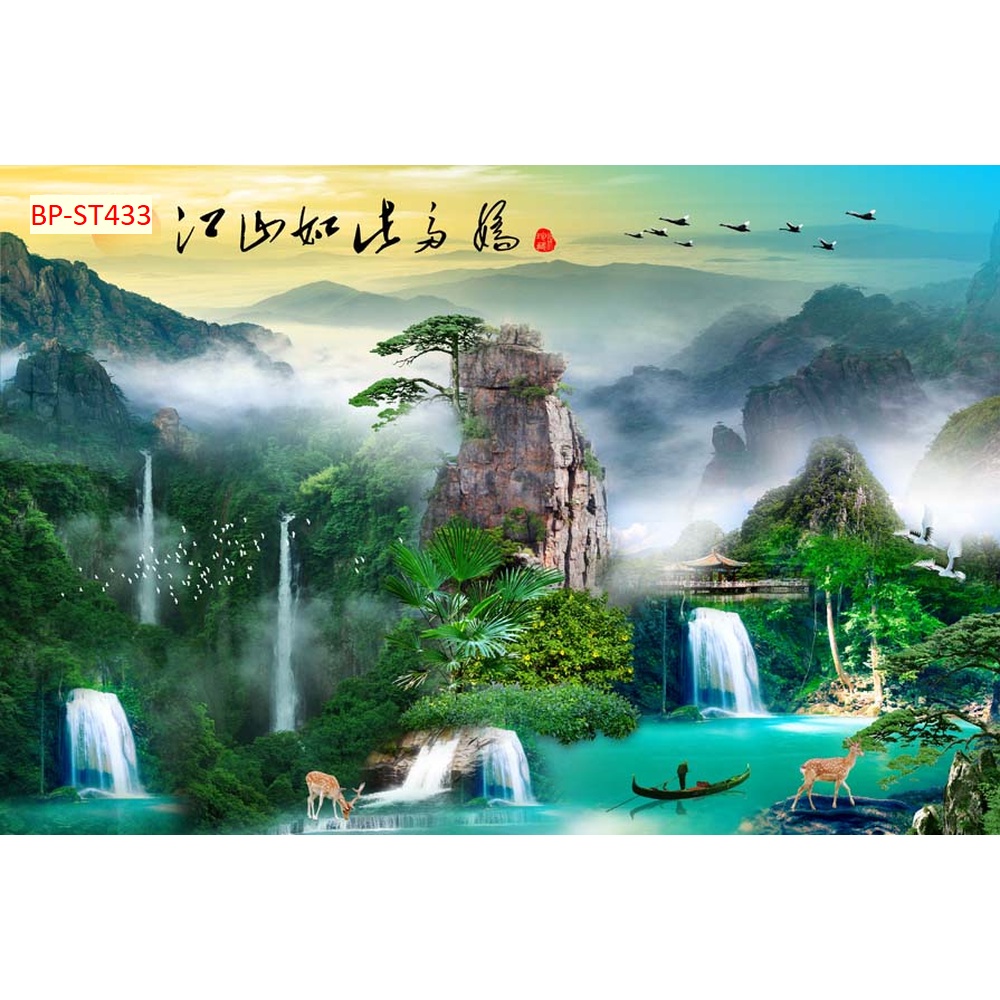 Tranh Sơn Thủy 3D Nhiều Kích Thước Lựa Chọn, không giới hạn kích thước