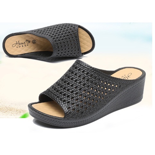 Dép đế xuồng quai ngang nhựa siêu êm cao 5 cm có 2 màu kem đen