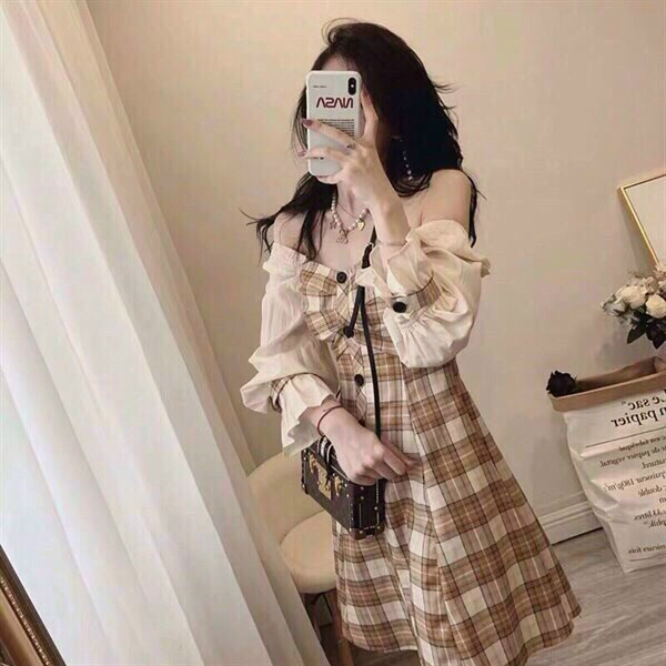 (Sale FreeShip) Đầm caro trễ vai nút giữa ực xinh,đầm tiểu thư tay phối dáng xòe,thời trang dạo phố sang chảnh