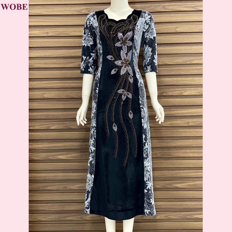 Đầm dạ hội trung niên chất nhũ kim sa co giãn cực tốt cho mẹ dự tiệc sang trọng bigsize DN10  BẠC- WB WOMAN &amp; BEAUTY