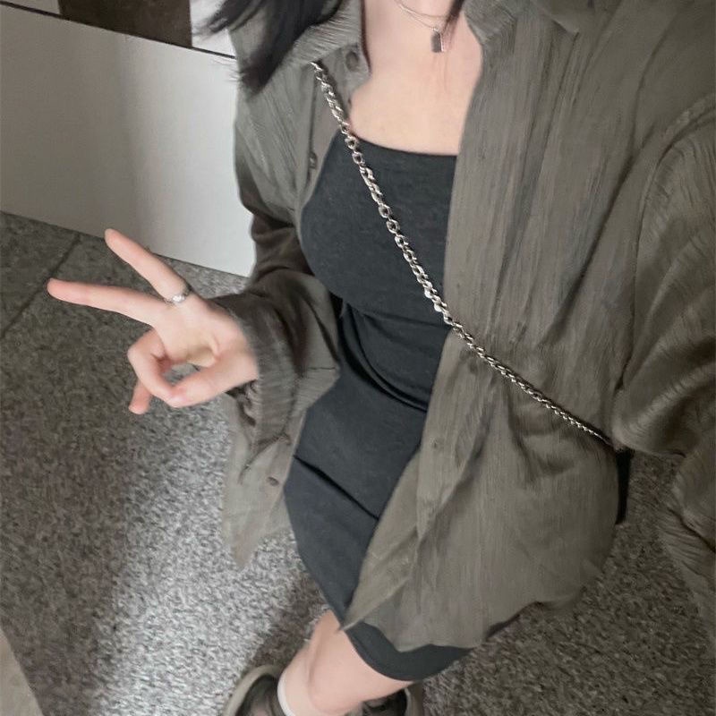 IELGYBộ Áo Sơ Mi Dài Tay Chống Nắng Dáng Rộng Và Đầm Hai Dây Ôm Dáng Thời Trang Cho Nữ [Đặt Hàng Riêng Biệt]