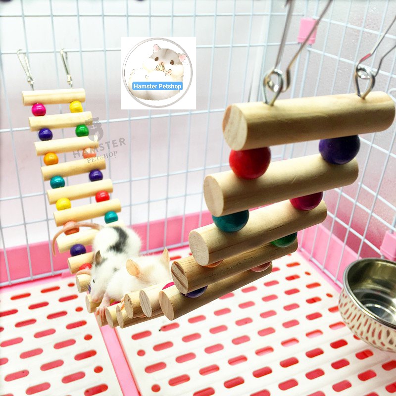 Thang gỗ uốn đan hạt nhiều màu trang trí chuồng hamster,Chim ,Vẹt , Sóc