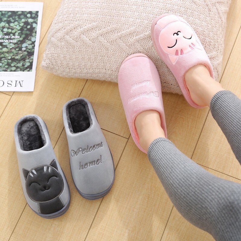 Dép Bông đi trong nhà Unisex Hình Mèo, Đế Cao Su Dẻo, Dép Lông Mịn siêu Kute. SC04
