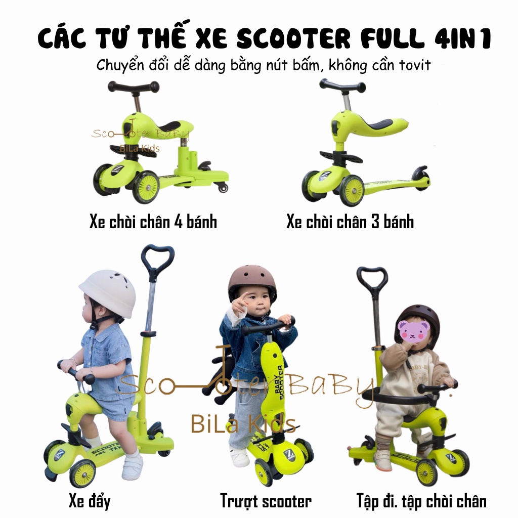 Xe scooter chòi chân cho bé ZinBang 3in1 trượt tập đi 1-6 tuổi có tay đẩy bánh xe phát sáng, combo xe + phụ kiện