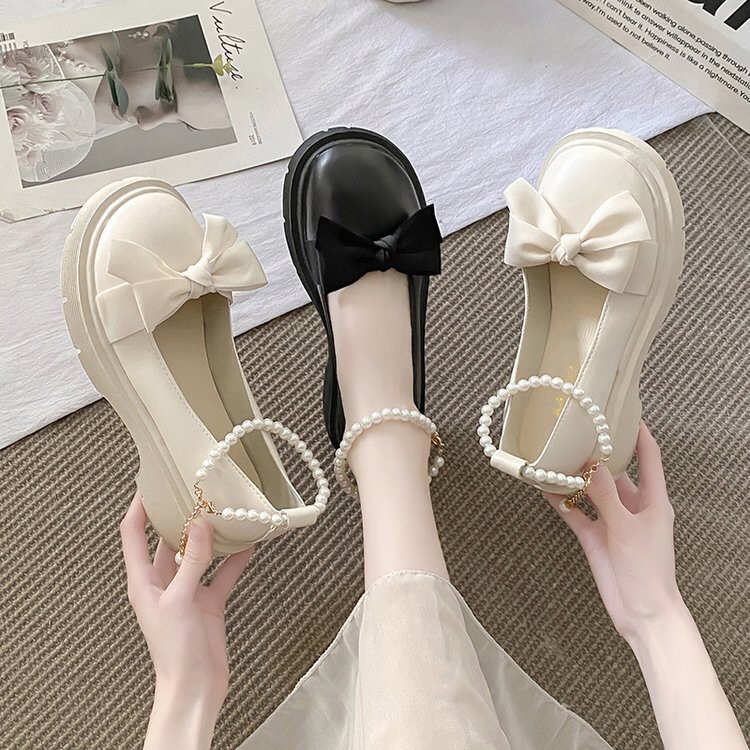 Giày búp bê nữ 2 màu đế cao 3p chất liệu da mềm phối nơ mềm mại thắt quai ngọc tiểu thư , giày lolita