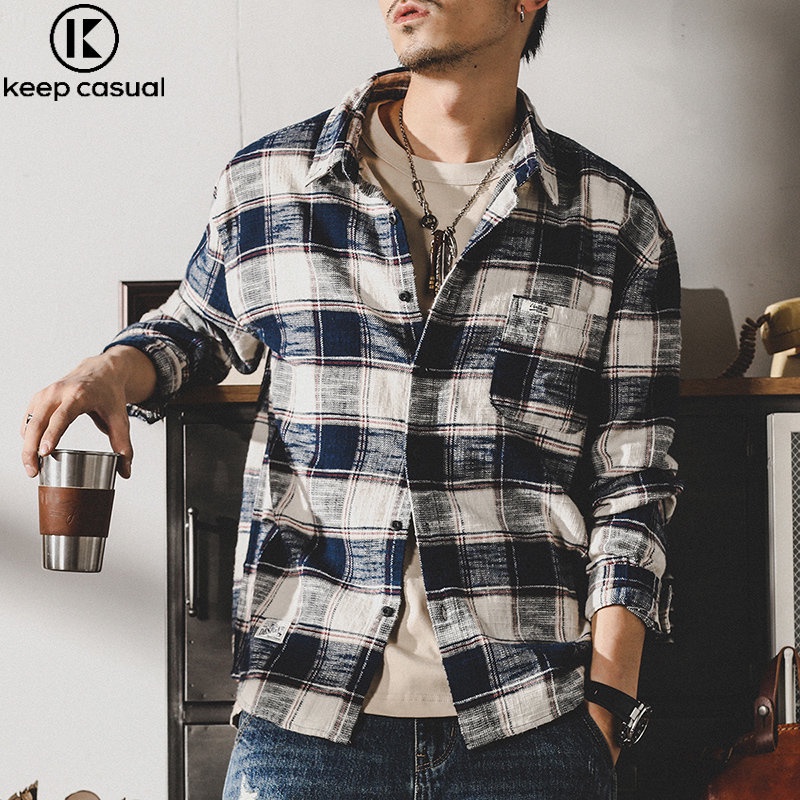 {Keep Casual} Áo Sơ Mi Nam Tay Dài Dáng Rộng Kẻ Sọc Caro Cổ Điển Mùa Thu