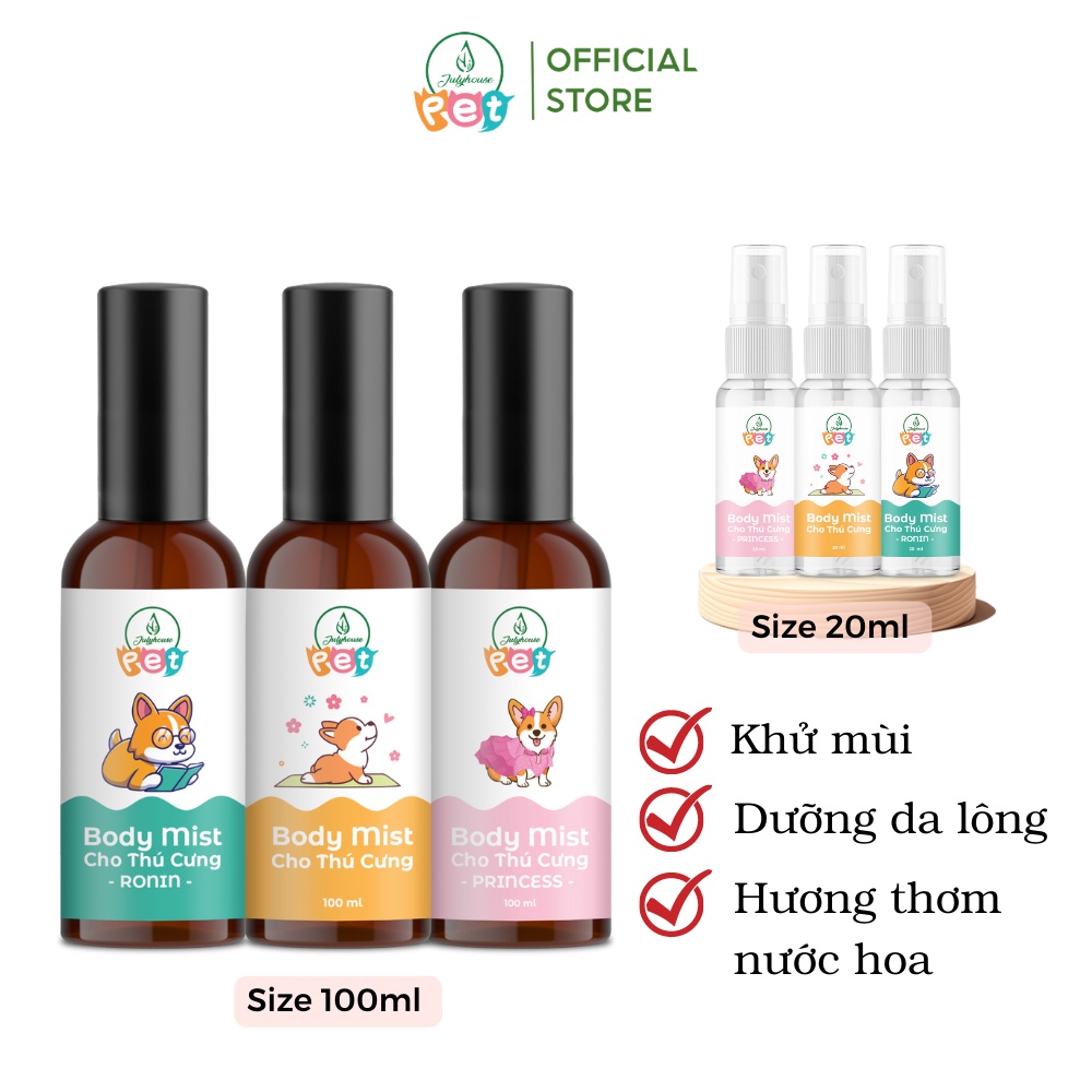 Bodymist xịt thơm khử mùi cho chó mèo JULYHOUSE 20ml/100ml dưỡng da lông, thơm lâu hương nước hoa