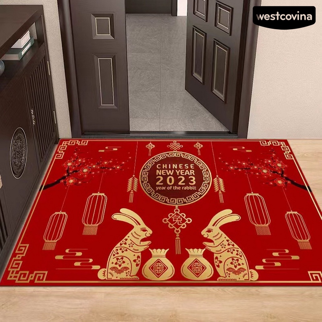 [Hot]☃Thảm Chùi Chân Chống Trượt Bằng Polyester Mềm Mại Họa Tiết Thỏ Phong Cách Trung Hoa