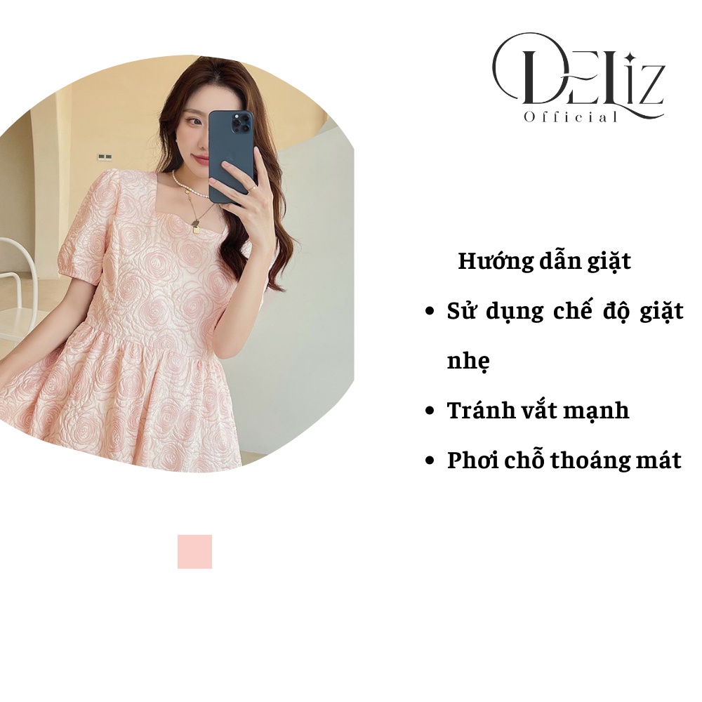 Váy babydoll dáng dài tiểu thư DELIZ, váy dự tiệc dễ thương vải gấm xốp hoa hồng nổi