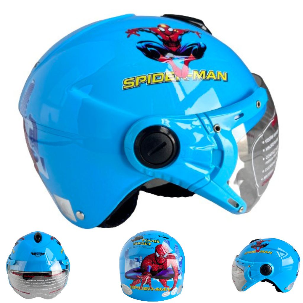 Mũ bảo hiểm trẻ em BKtec - BK14 Spider man xanh - dành cho bé từ 5 đến 10 tuổi, bé nặng dưới 30kg - Vòng đầu từ 52-54cm