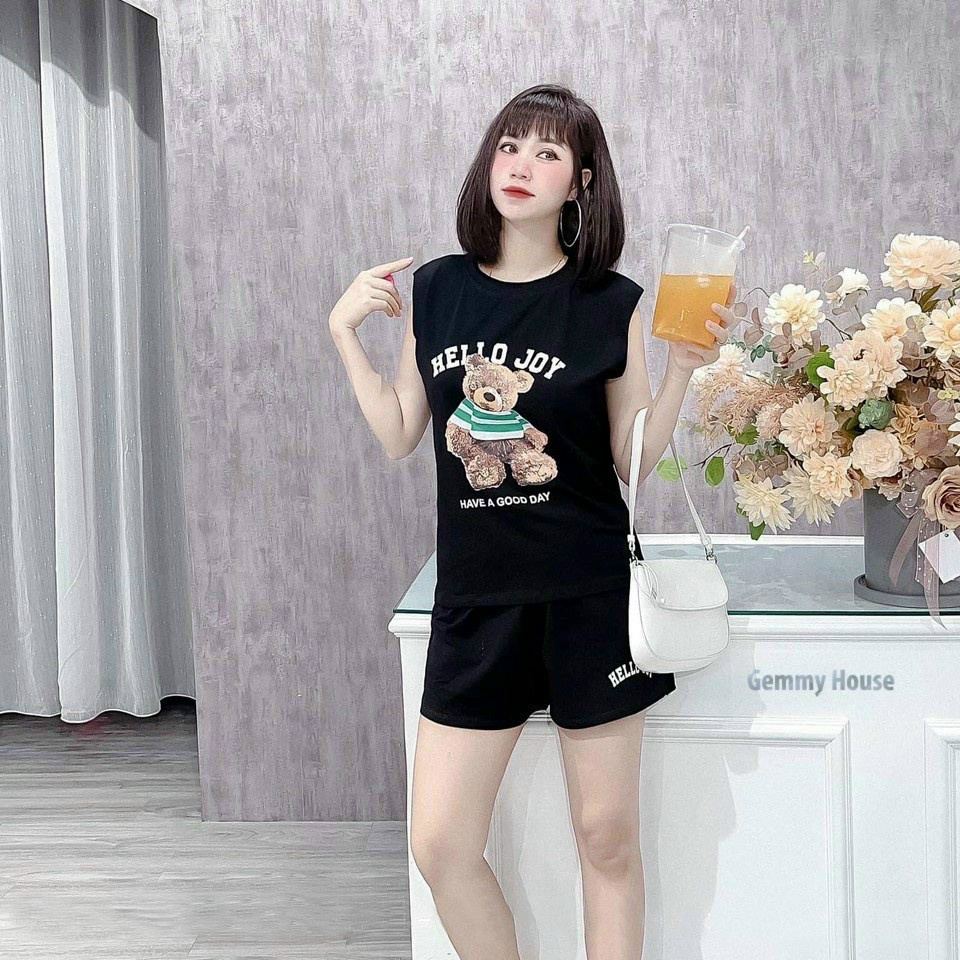 (Miễn phí ship 2022) Sét bộ đùi nữ,bộ sát nách in gấu cute có túi,chất cotton mát mịn chuẩn shop,lên from xinh xĩu