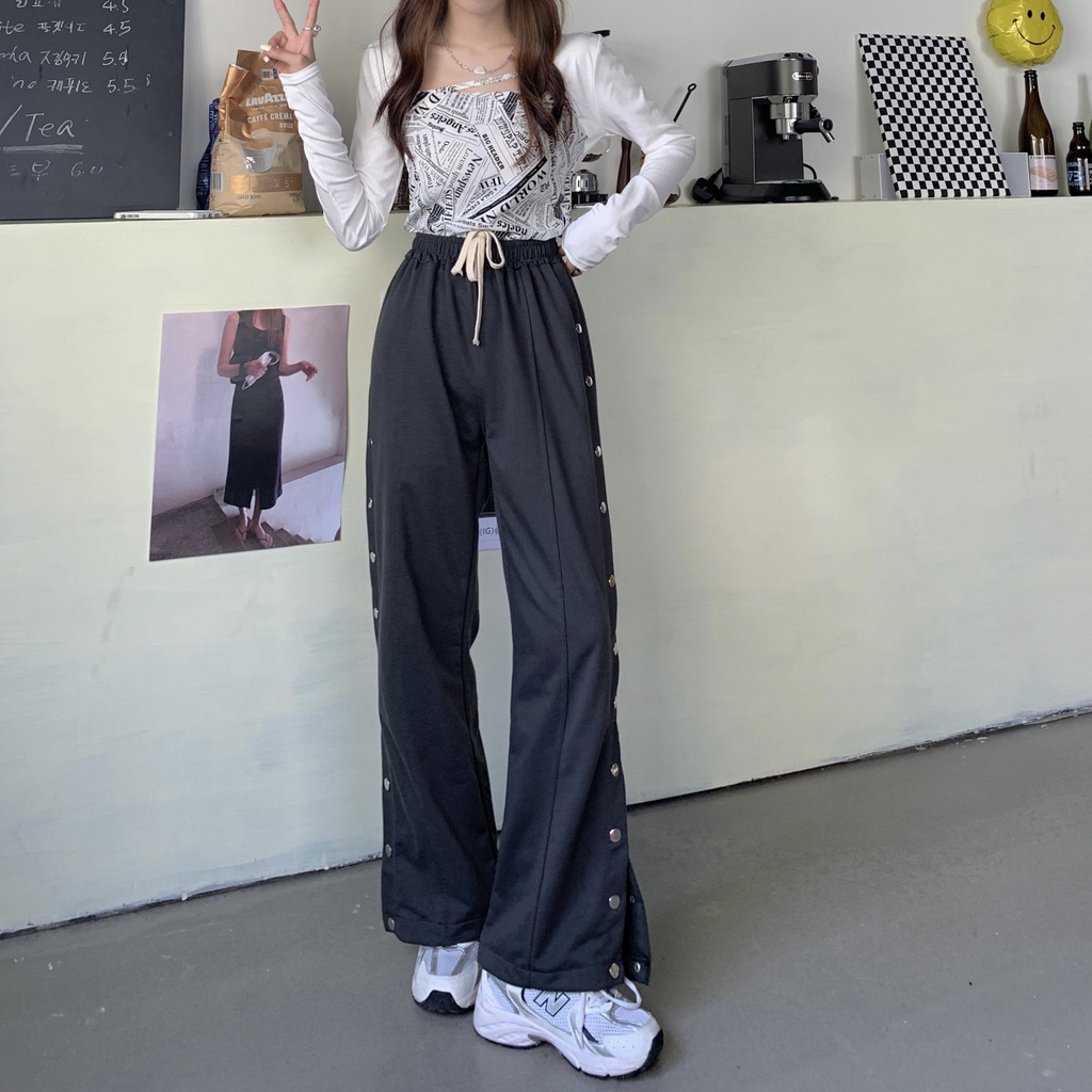 Quần Dài Lưng Cao Ống Rộng Thiết Kế Dây Rút Mỏng Kiểu Dáng Mới Dành Cho Nữ