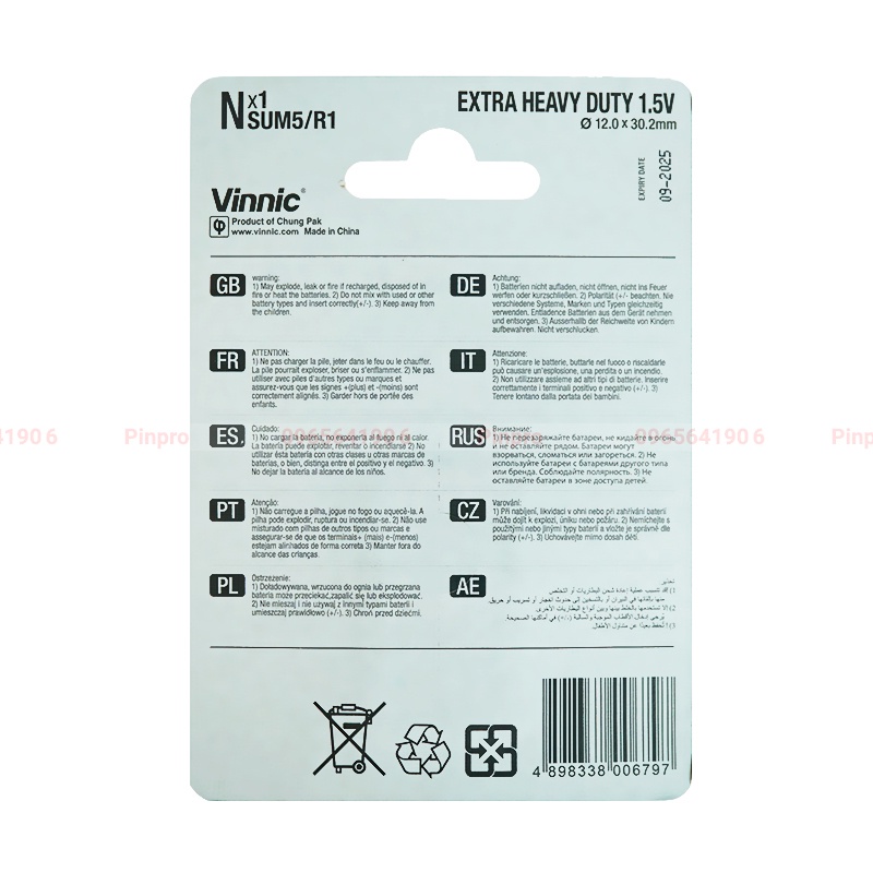 Pin Vinnic Sum5 R1 size N 1.5V E90, AM5, LR1, SUM 5 chính hãng