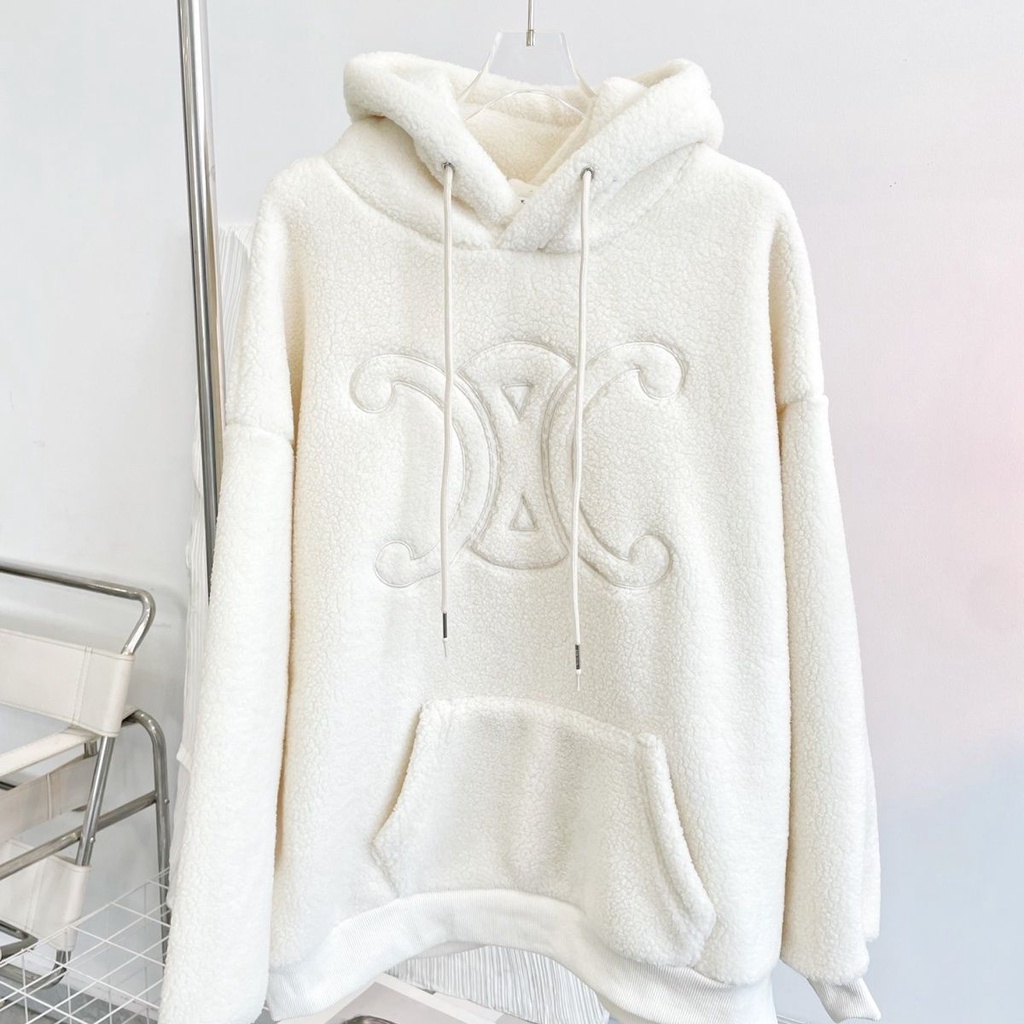 ILGF CELINE real shot lamb wool hooded sweater Arc de Triomphe fleece-lined loose coat for men and women original label