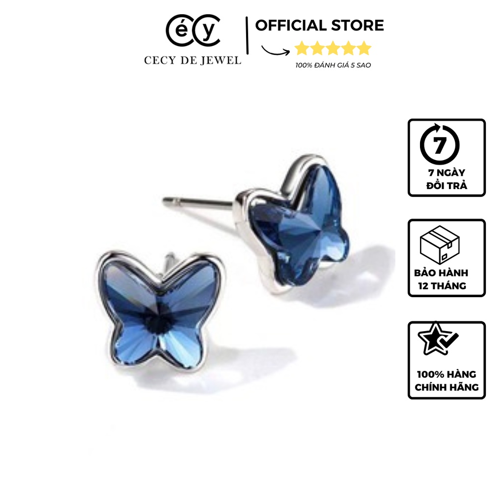 Khuyên tai bạc ý 925 pha lê Swarovski Khuyên con bướm màu xanh dương tinh tế CECY