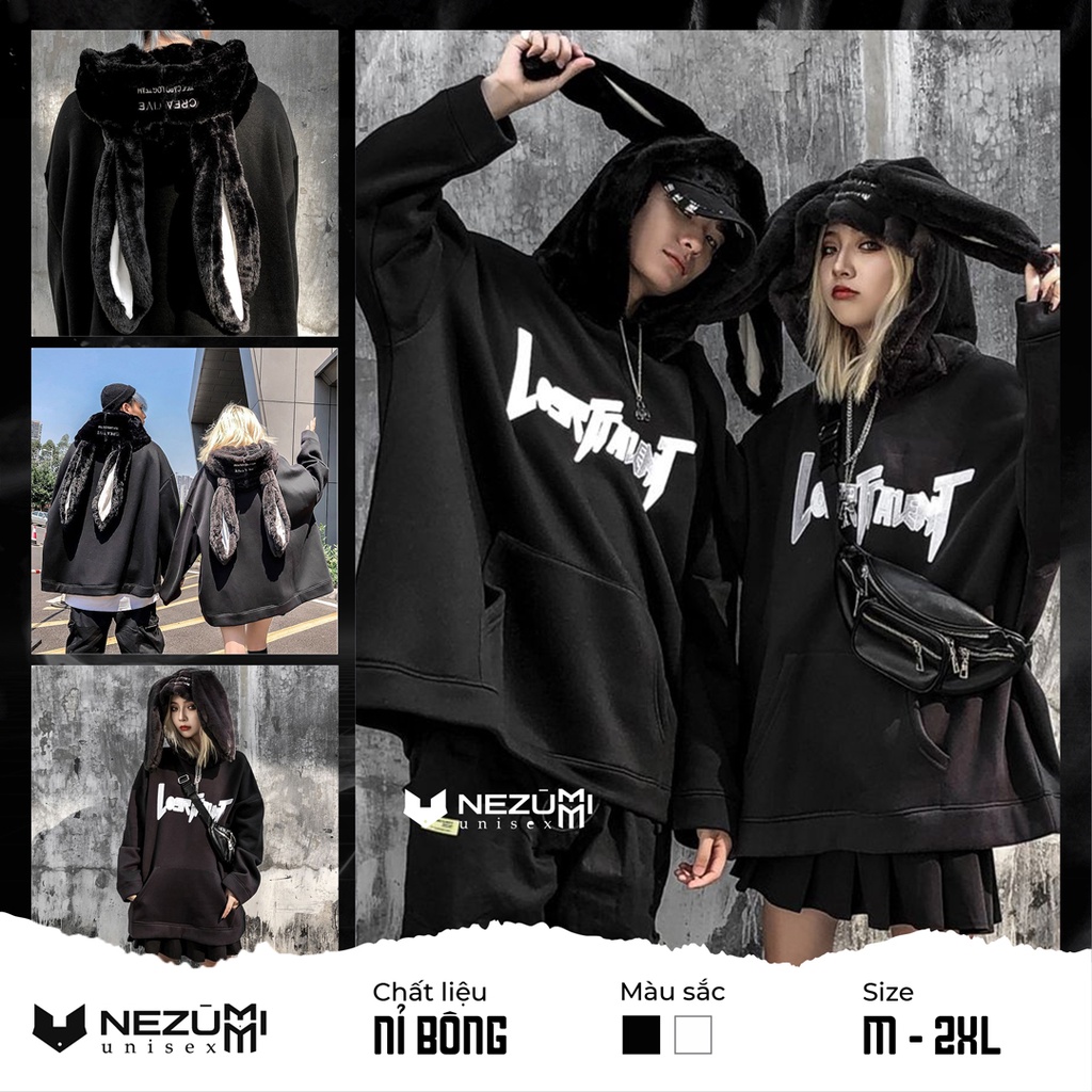 (Sẵn đen, trắng, nâu) Áo hoodie nỉ bông tai thỏ dài siêu to khổng lồ chữ ngực thêu đáng yêu, mũ lông mềm unisex nam nữ