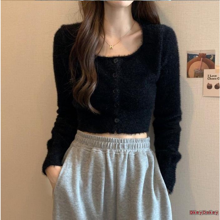 Áo Sweater Dài Tay Cổ Vuông Cài Nút Màu Trơn Cho Nữ