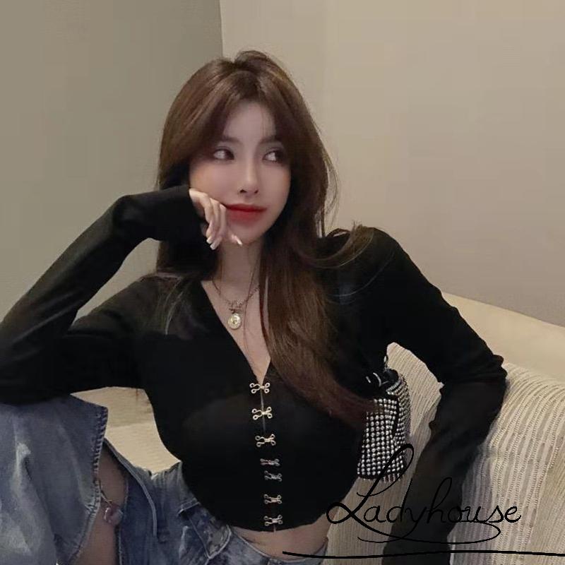 Áo Crop Top Tay Dài Cổ Chữ V Màu Trơn Thời Trang Dành Cho Nữ