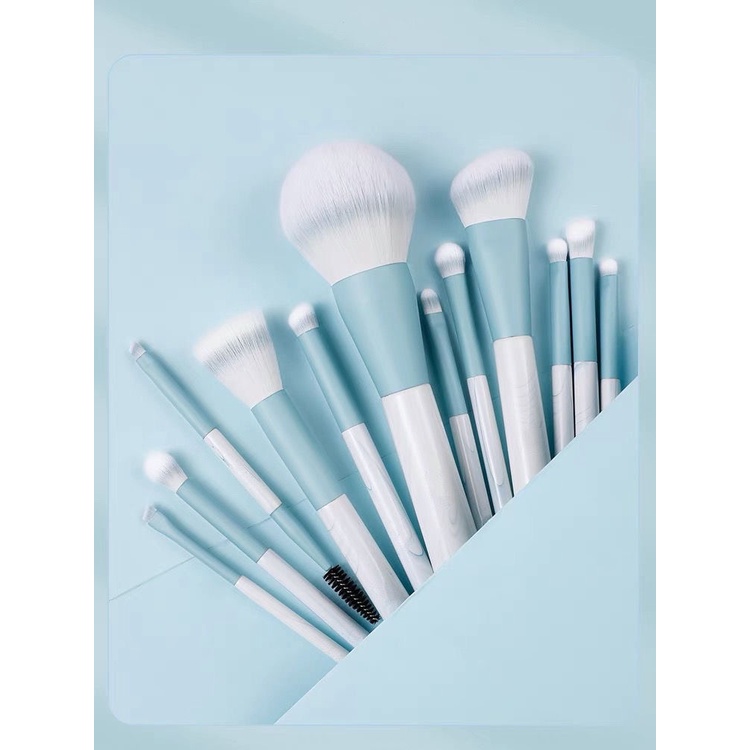 Bộ cọ trang điểm 12 cây màu Xanh Cao cấp kèm Bao Da Xanh
