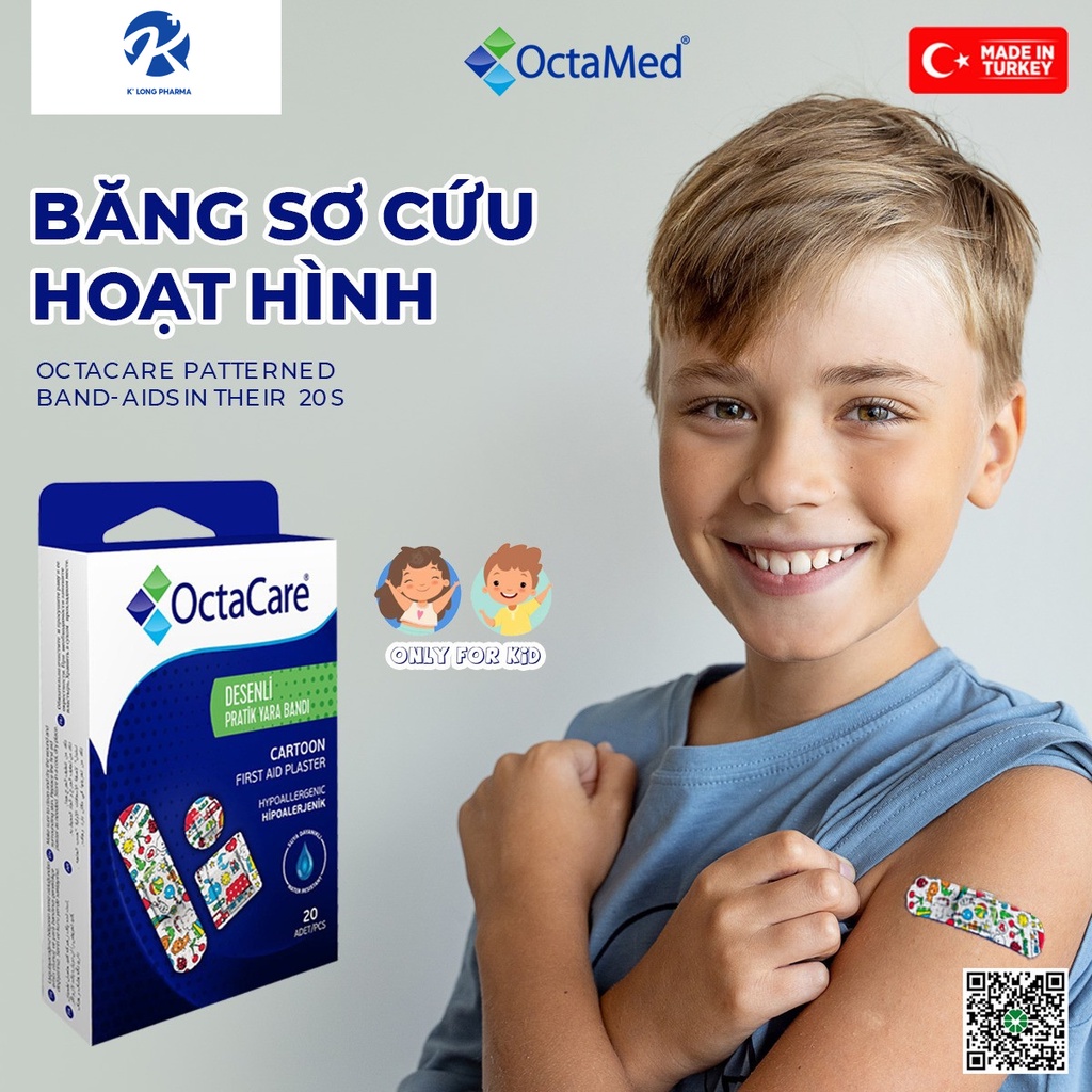 Băng Dính Sơ Cứu Hoạt Hình Dành Cho Trẻ Em, Tiệt Trùng, Bóc Không Đau, Không Thấm Nước Octacare - Hộp 20 Miếng
