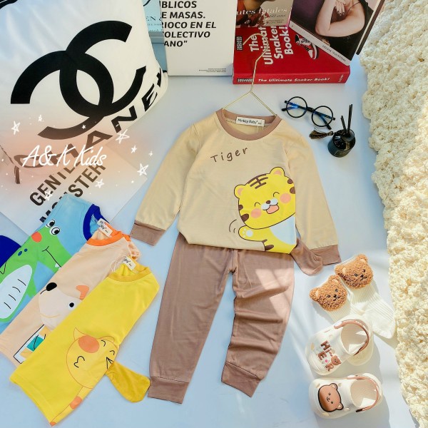 Bộ dài tay phối tai thú thật, minkey thun lạnh phối viền bo cho bé trai,gái dưới 1m2,từ 7kg đến 19kg M.52