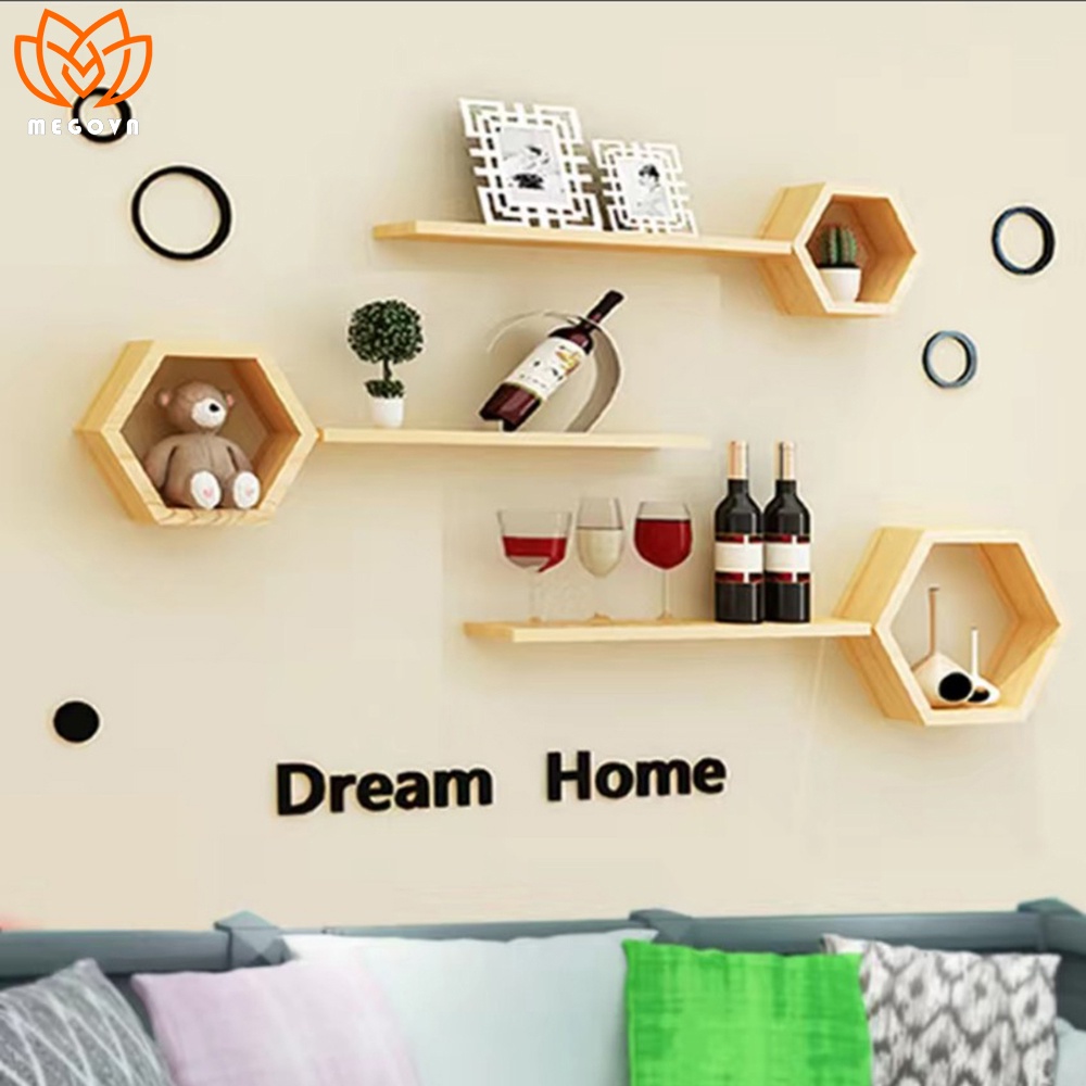 Bộ kệ gỗ treo tường bao gồm kệ lục giác, thanh ngang, chữ nhật, hình vuông, kệ trang trí phòng khách, phòng ngủ.
