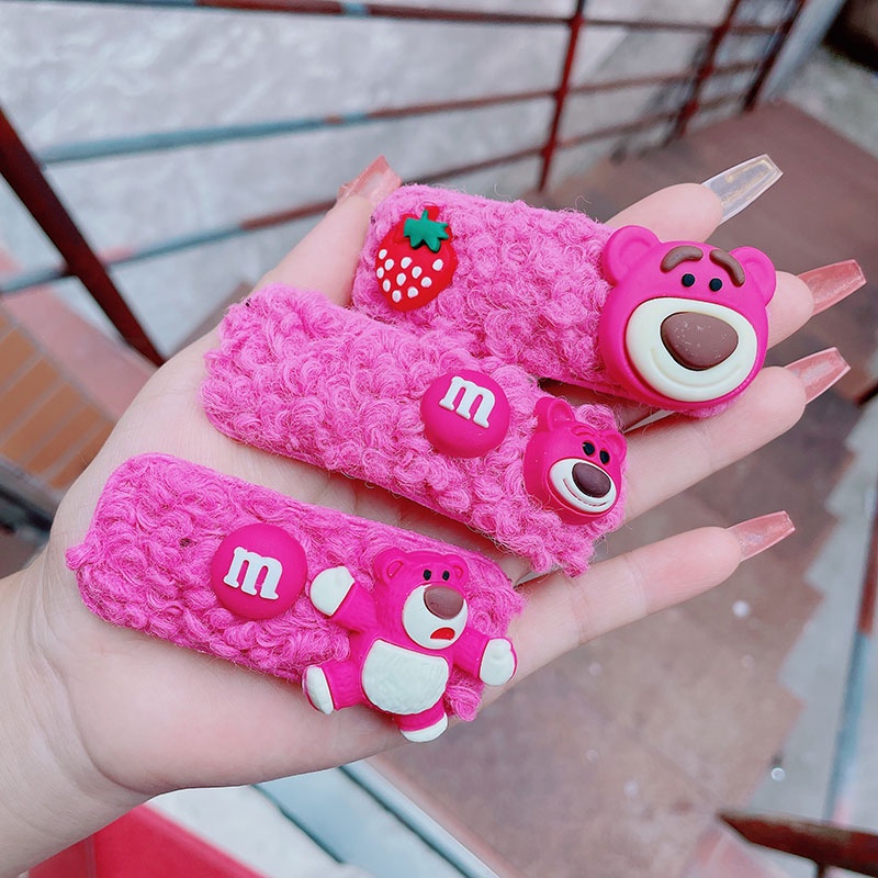 Kẹp Tóc Hình Trái Dâu / Gấu Hoạt Hình Bằng Lông Cừu Dễ Thương Xinh Xắn