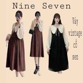Váy vintage cổ sen phối tay voan Đầm bầu dáng suông cúc dọc cổ phối nơ chất dạ nhung màu đen xanh hồng nâu