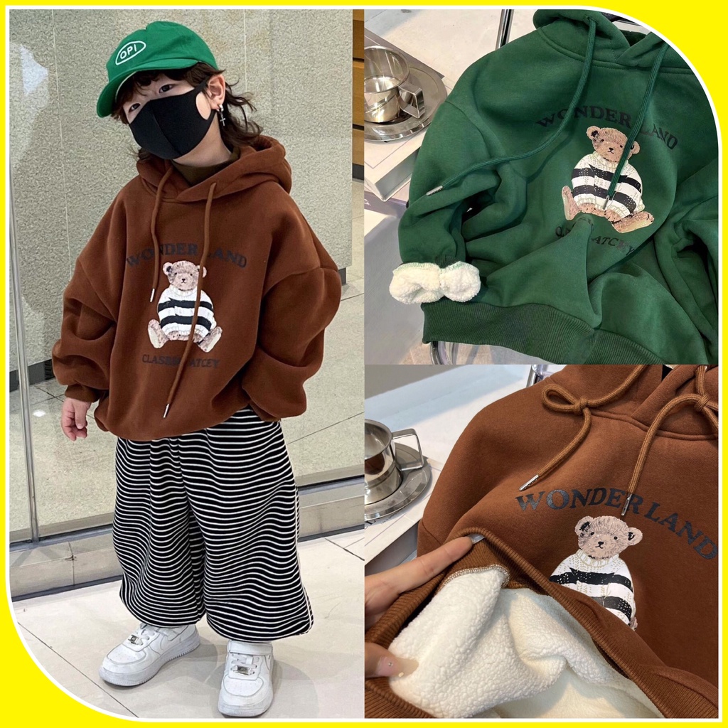 Áo hoodie lót lông bé trai gấu A238 size 90-140, quần áo trẻ em thu đông cao cấp